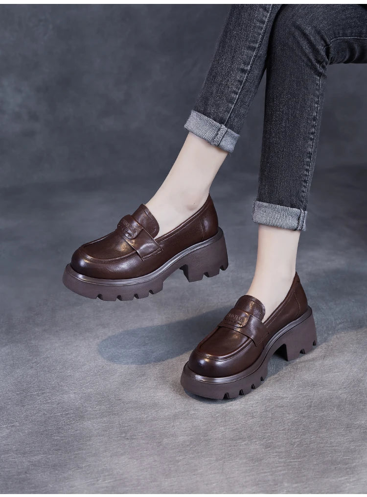 DRKANOL 2026 Spring Women Shoes Thick Heel Slip On Loafers Handmade Retro Chunky Platform Round Toe Pumps Ladies High Heel Shoes