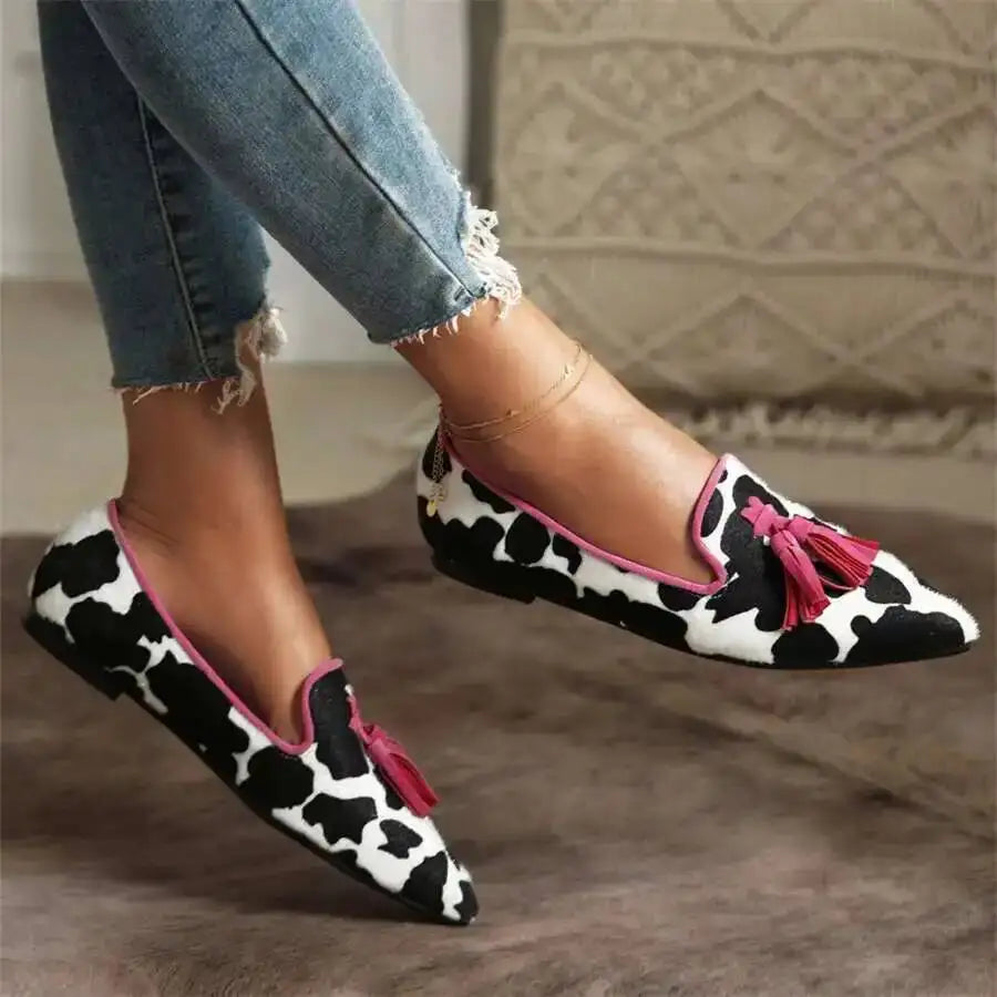 Cow Print Pointed Toe Loafers Women Shoes Tassel Slip‑on Casual Flat Shoes