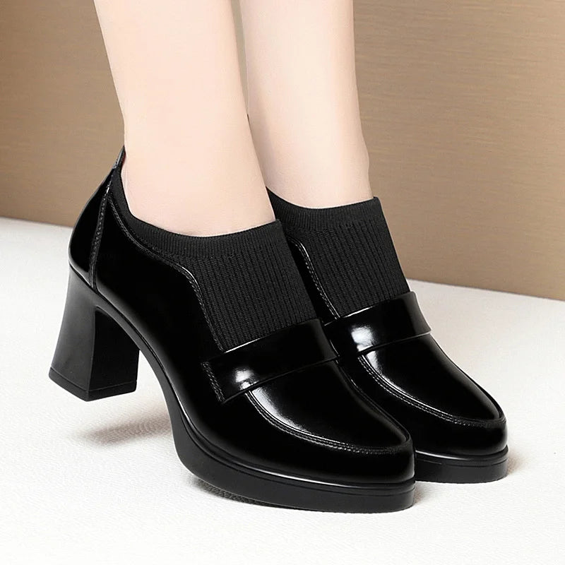 Women's One Pedal Loafer High Heel Soft Leather Shoes 2024 New Thick Bottom British Style Elastic Mouth Chunky Heel Shoes