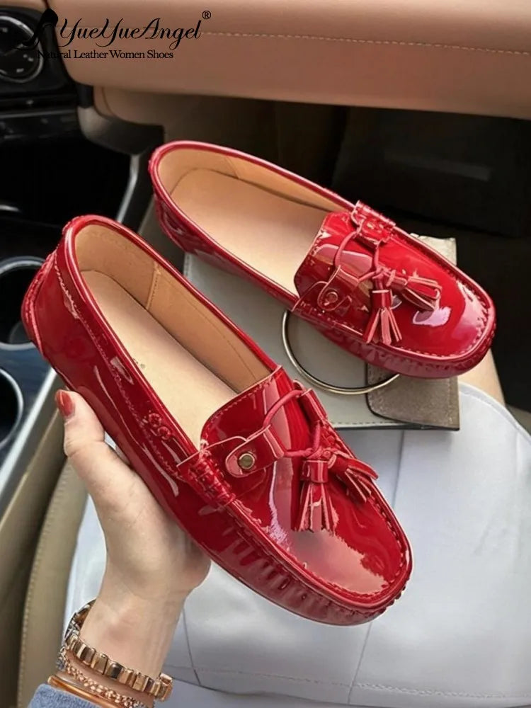 Office Ladies Comfortable Breathable Genuine Leather Flats Breathable Fashion Tassel Spring Summer Women Patent Leather Loafers