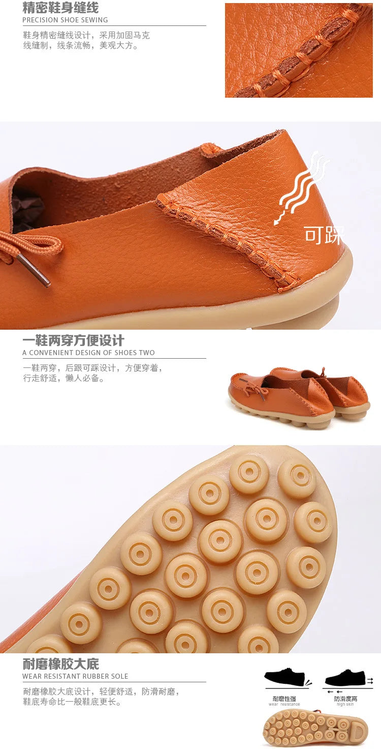 New Moccasins Women Flats 2026 Autumn Woman Loafers Genuine Leather Female Shoes Slip On Ballet Bowtie Women's Shoes Big Size