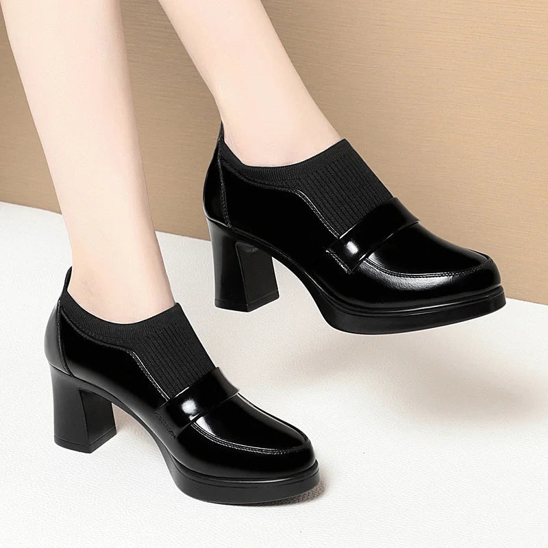 Women's One Pedal Loafer High Heel Soft Leather Shoes 2024 New Thick Bottom British Style Elastic Mouth Chunky Heel Shoes