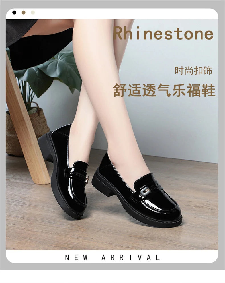 Spring Comfortable British Style Shallow Bright Leather Loafers Women Pumps  Square Heels Chunky Platform Shoes Office Size35-41