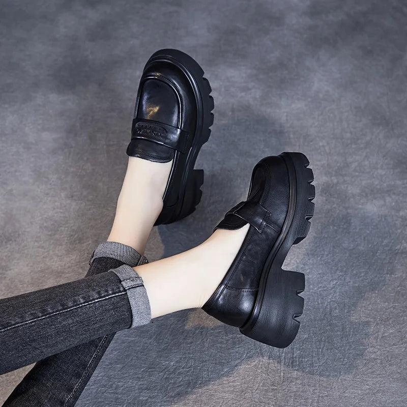 DRKANOL 2026 Spring Women Shoes Thick Heel Slip On Loafers Handmade Retro Chunky Platform Round Toe Pumps Ladies High Heel Shoes