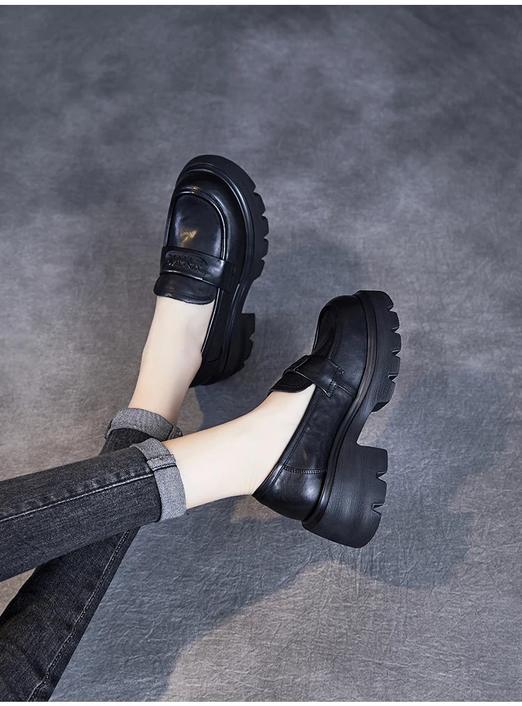 DRKANOL 2026 Spring Women Shoes Thick Heel Slip On Loafers Handmade Retro Chunky Platform Round Toe Pumps Ladies High Heel Shoes