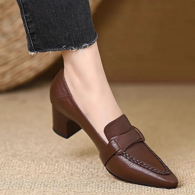Retro Genuine Leather Pump High-Heeled Moccasins for Women New Style 2026 Pointed Toe Thick Heel Versatile Elegant Women's Shoes