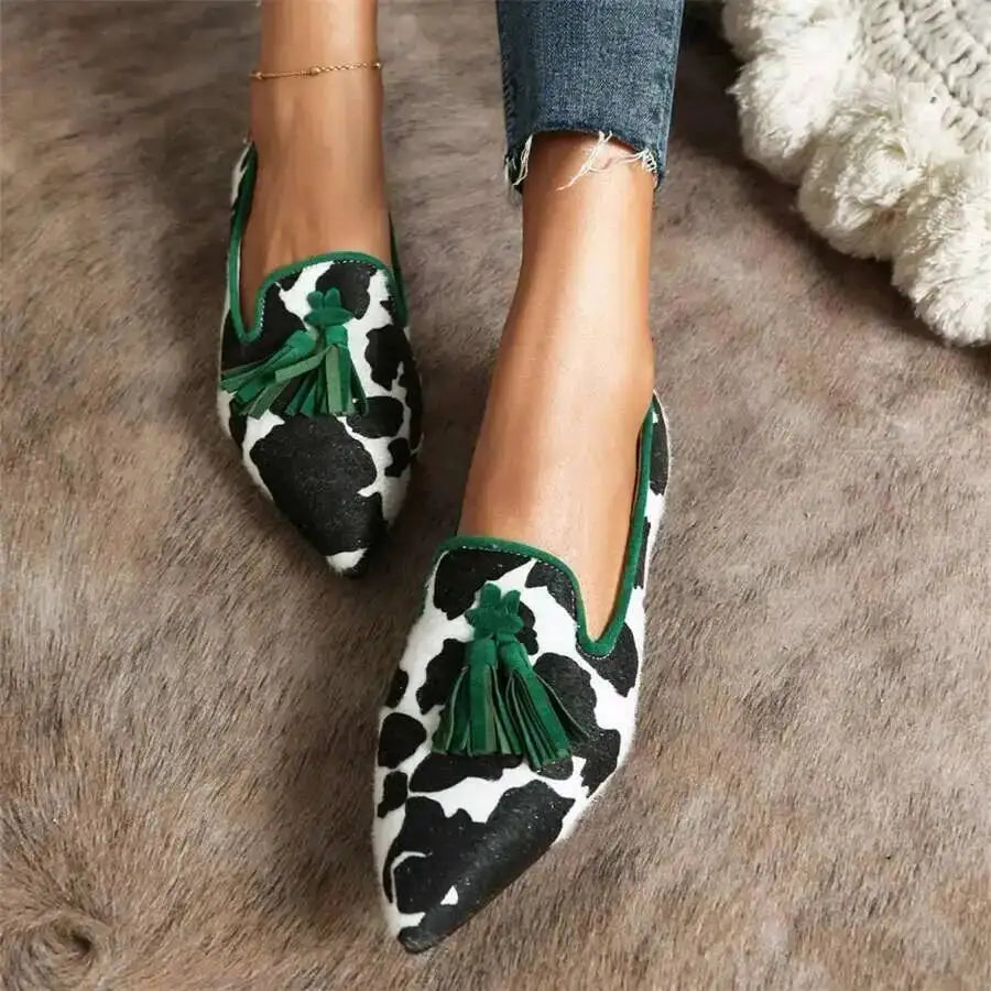 Cow Print Pointed Toe Loafers Women Shoes Tassel Slip‑on Casual Flat Shoes