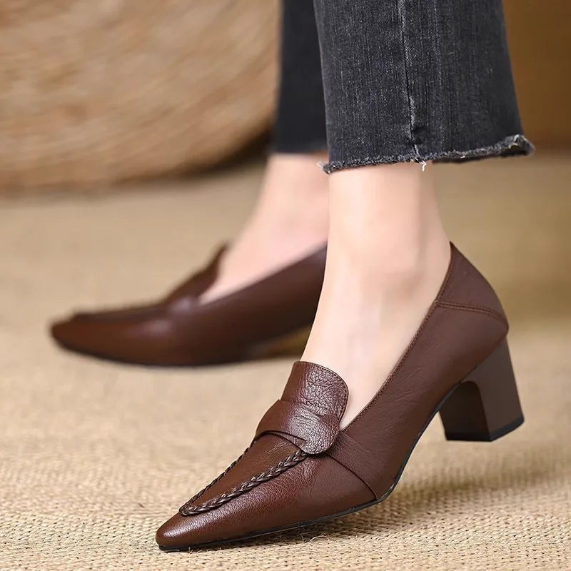 Retro Genuine Leather Pump High-Heeled Moccasins for Women New Style 2026 Pointed Toe Thick Heel Versatile Elegant Women's Shoes