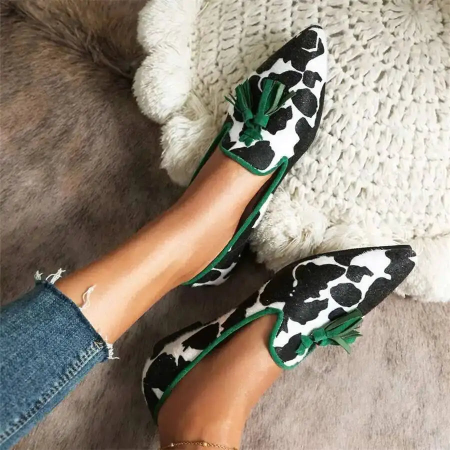 Cow Print Pointed Toe Loafers Women Shoes Tassel Slip‑on Casual Flat Shoes