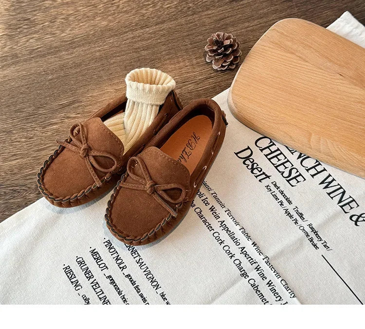 Children Casual Flats 2024 New Fabric Moccasin with Simple Bow Girls Minimalist Style Princess Shoes Anti Slip Wear-resistant