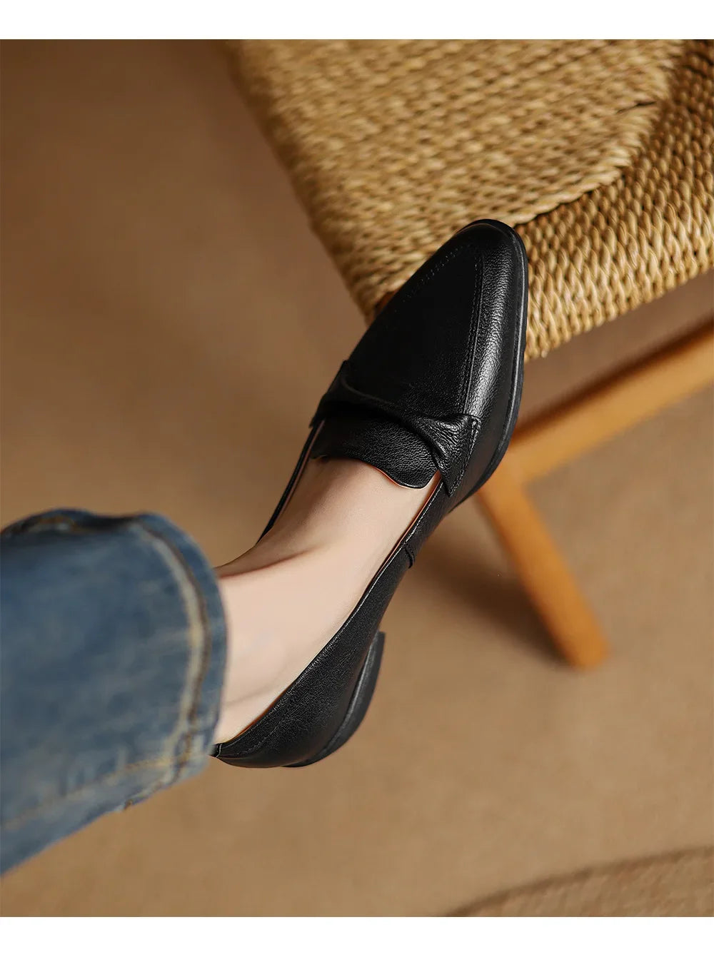 2025 spring autumn women pumps natural leather 22-25cm soft sheepskin+cowhide+pigskin pointed toe thick heel loafers women shoes