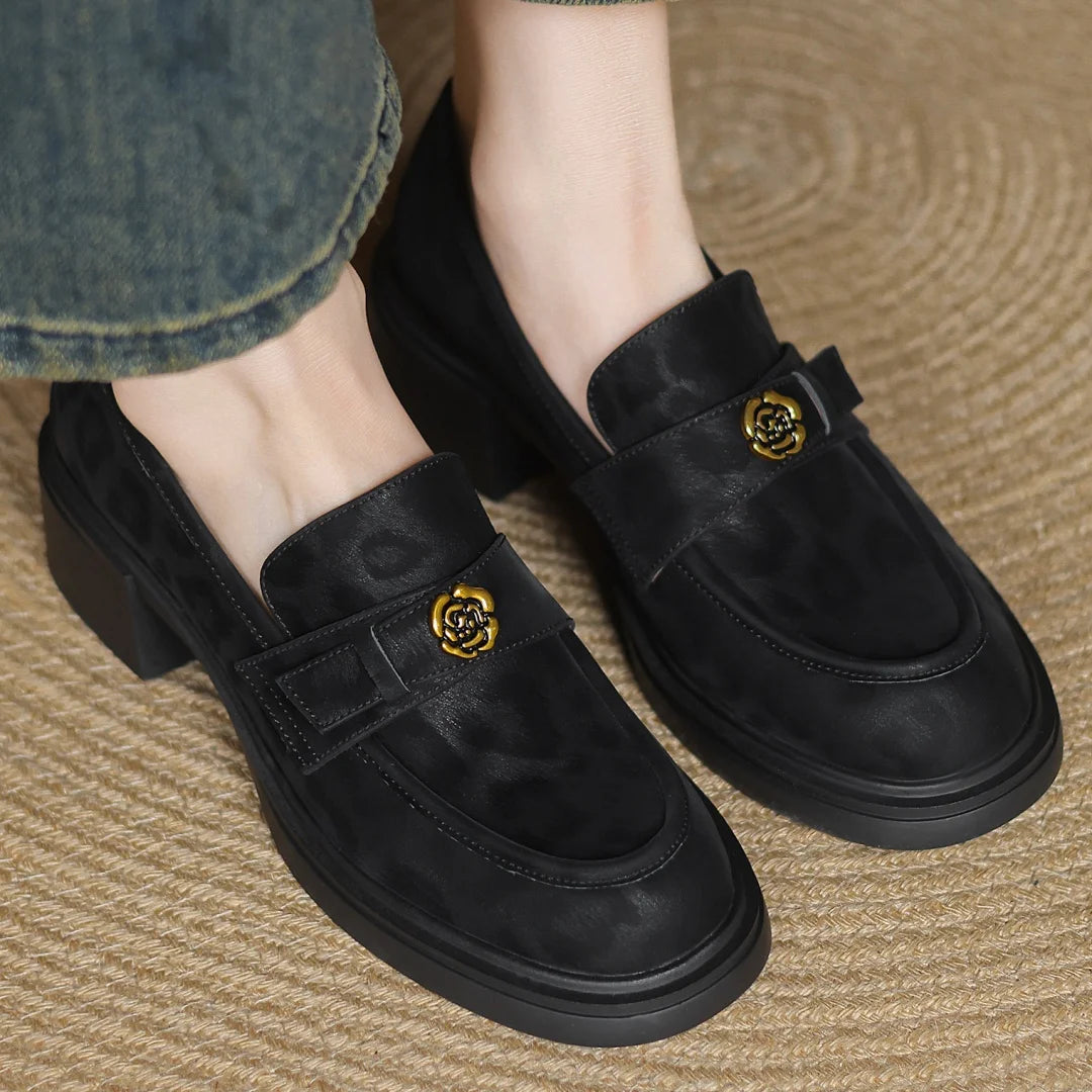 Women's leopard cow leather 5cm chunky heel platform slip-on loafers high quality soft comfortable causal female moccasins shoes