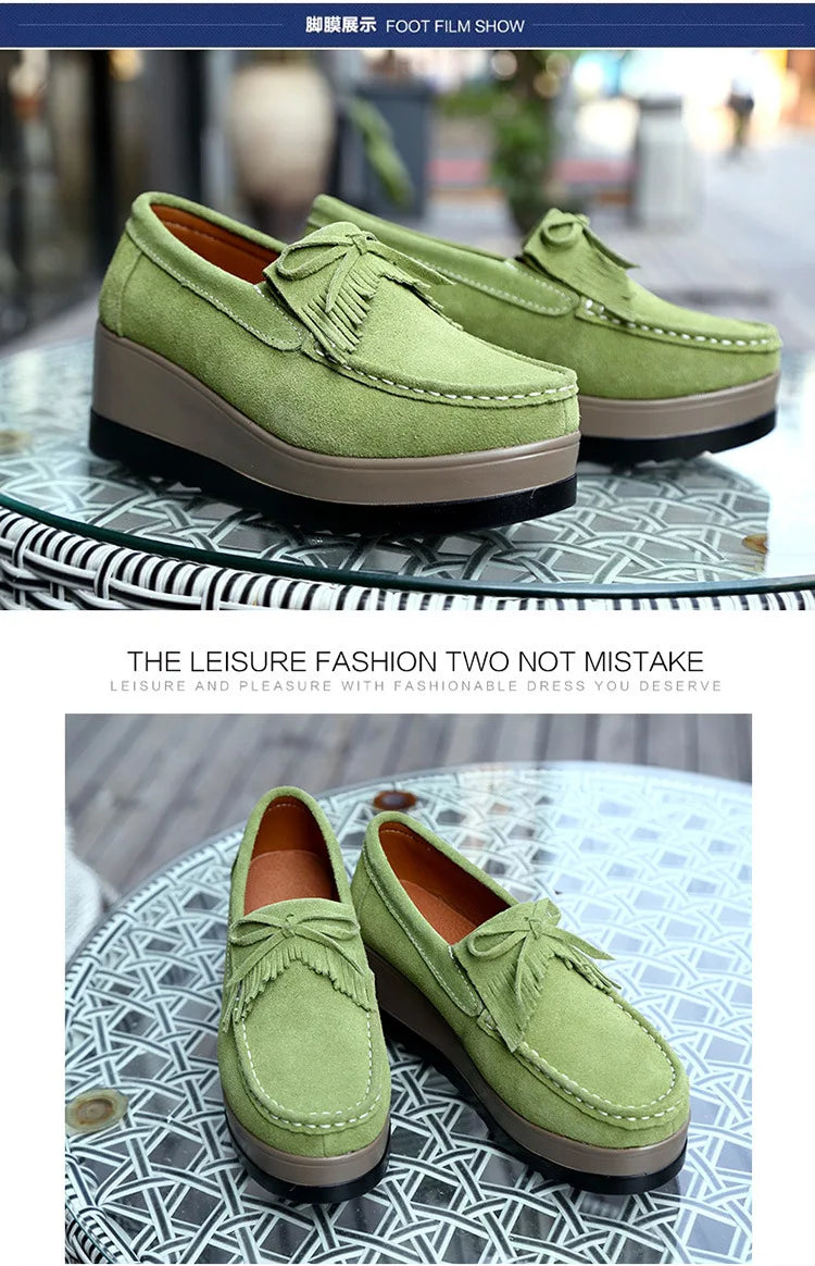 2025 Spring Platform Leather Flats Slip on Sneakers Designer Tassel Fringe Loafer Moccasins Fashon Green Suede Shoes of Women