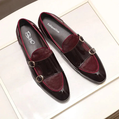 FELIX CHU Men's Patent Leather Monk Strap Dress Shoes Wedding Loafers Horse Hair Detail Casual Formal Party Gentlemen Footwear