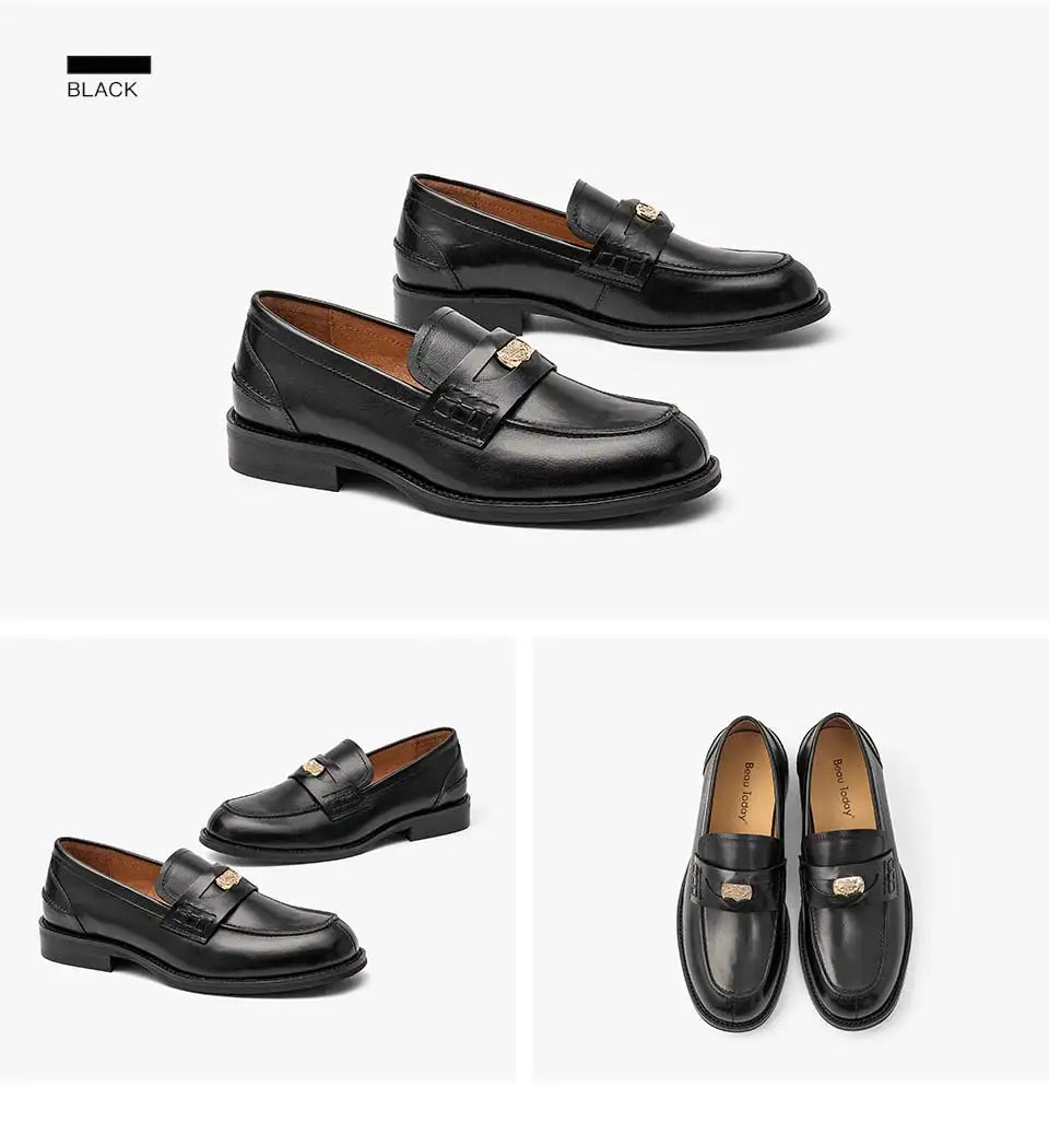 BeauToday Penny Loafers Women Genuine Calfskin Slip On Round Toe Square Heel Shallow Casual Spring Outdoor Ladies Shoes 26084