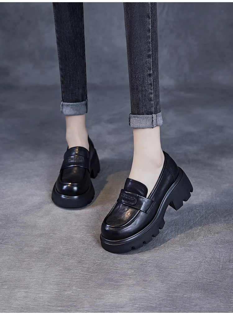 DRKANOL 2026 Spring Women Shoes Thick Heel Slip On Loafers Handmade Retro Chunky Platform Round Toe Pumps Ladies High Heel Shoes