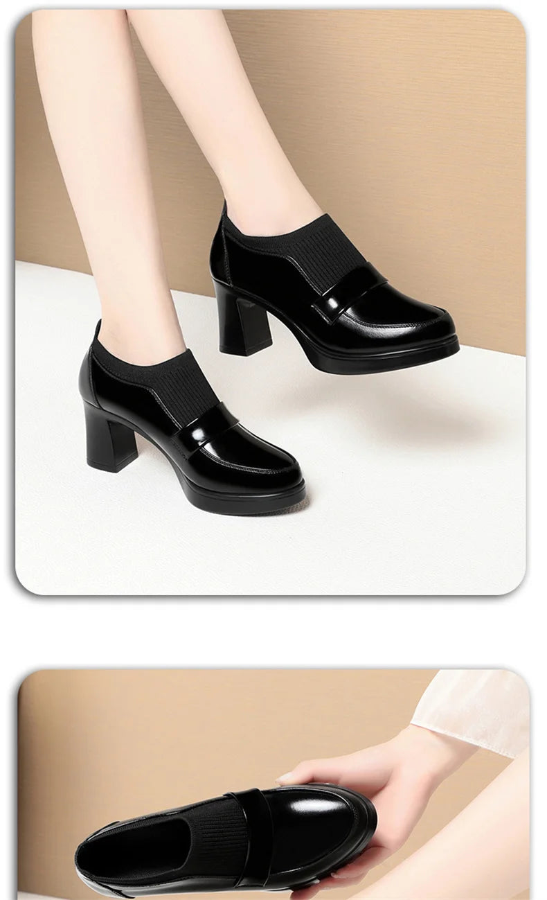 Women's One Pedal Loafer High Heel Soft Leather Shoes 2024 New Thick Bottom British Style Elastic Mouth Chunky Heel Shoes