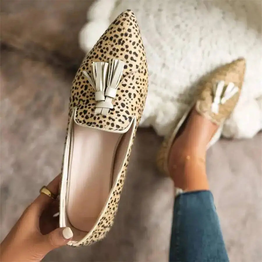 Cow Print Pointed Toe Loafers Women Shoes Tassel Slip‑on Casual Flat Shoes