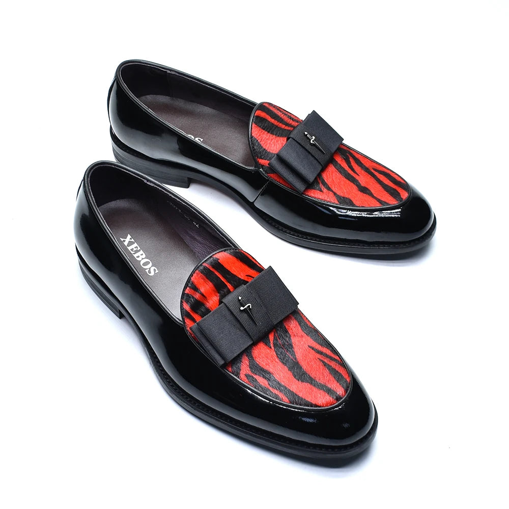 Black Red Luxury Genuine Patent Leather Men's Dress Loafer Shoes with Bowtie Wedding Party Banquet Slip-On Man Formal Shoes