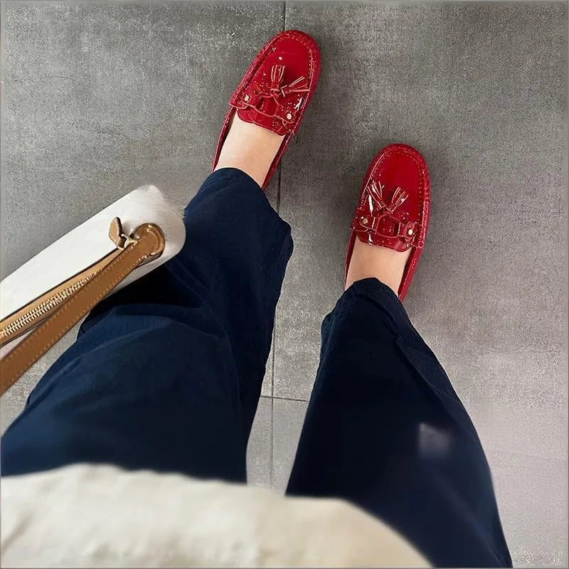 Office Ladies Comfortable Breathable Genuine Leather Flats Breathable Fashion Tassel Spring Summer Women Patent Leather Loafers