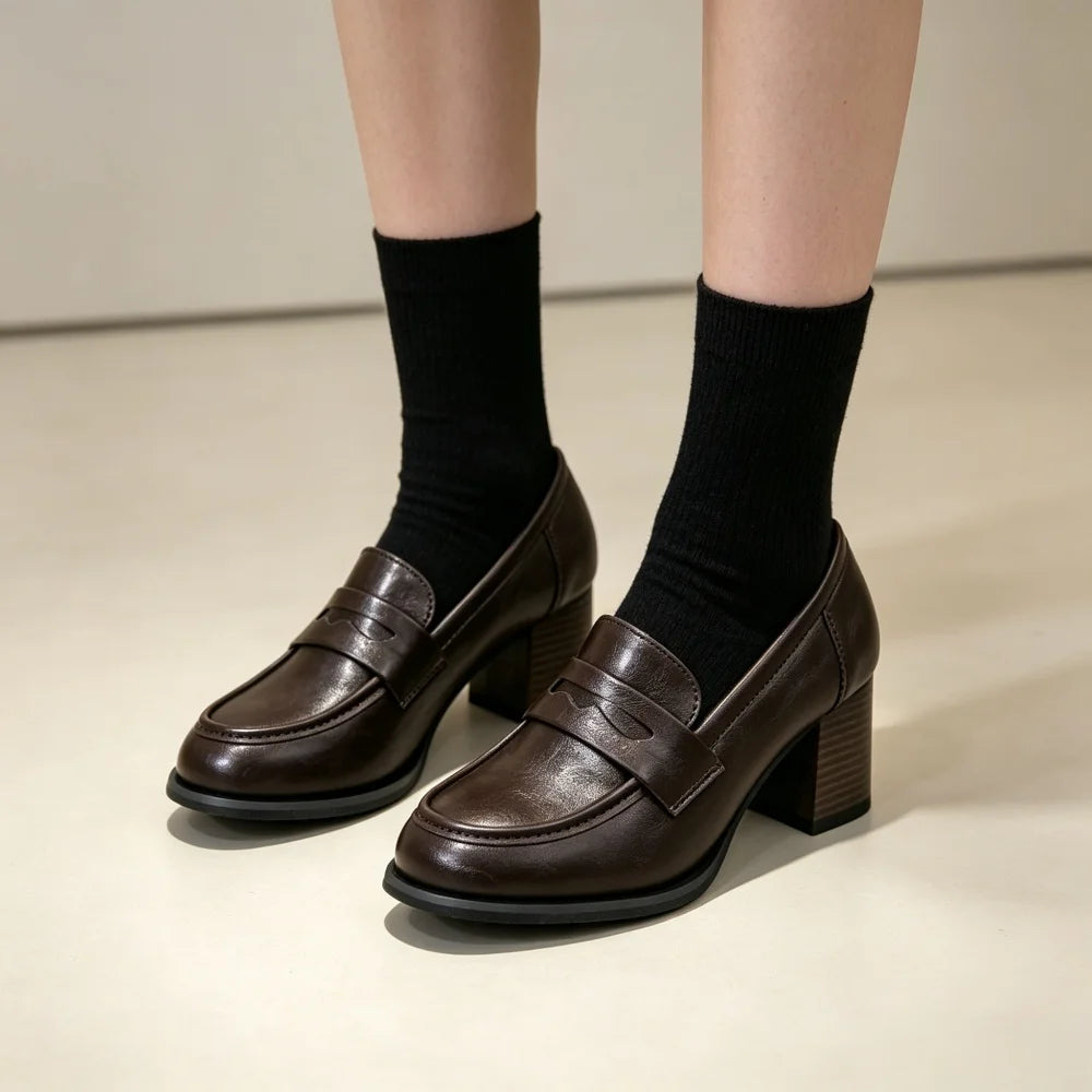 Vintage Women's Penny Loafers Chunky Block Heel Leather Shoes Slip On Round Toe Office Work Shoes Anti Slip Sole Comfort Daily D