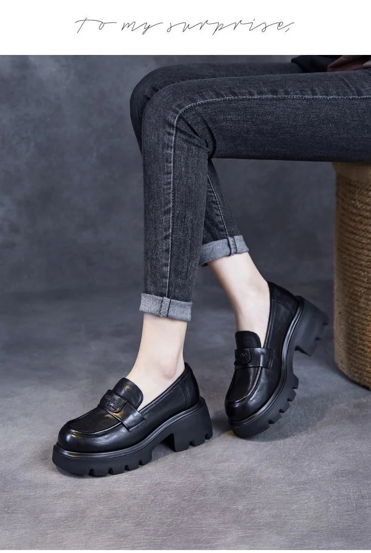 DRKANOL 2026 Spring Women Shoes Thick Heel Slip On Loafers Handmade Retro Chunky Platform Round Toe Pumps Ladies High Heel Shoes