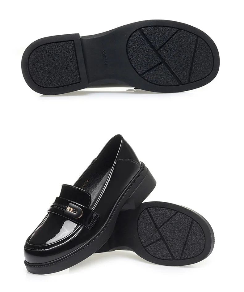 Spring Comfortable British Style Shallow Bright Leather Loafers Women Pumps  Square Heels Chunky Platform Shoes Office Size35-41
