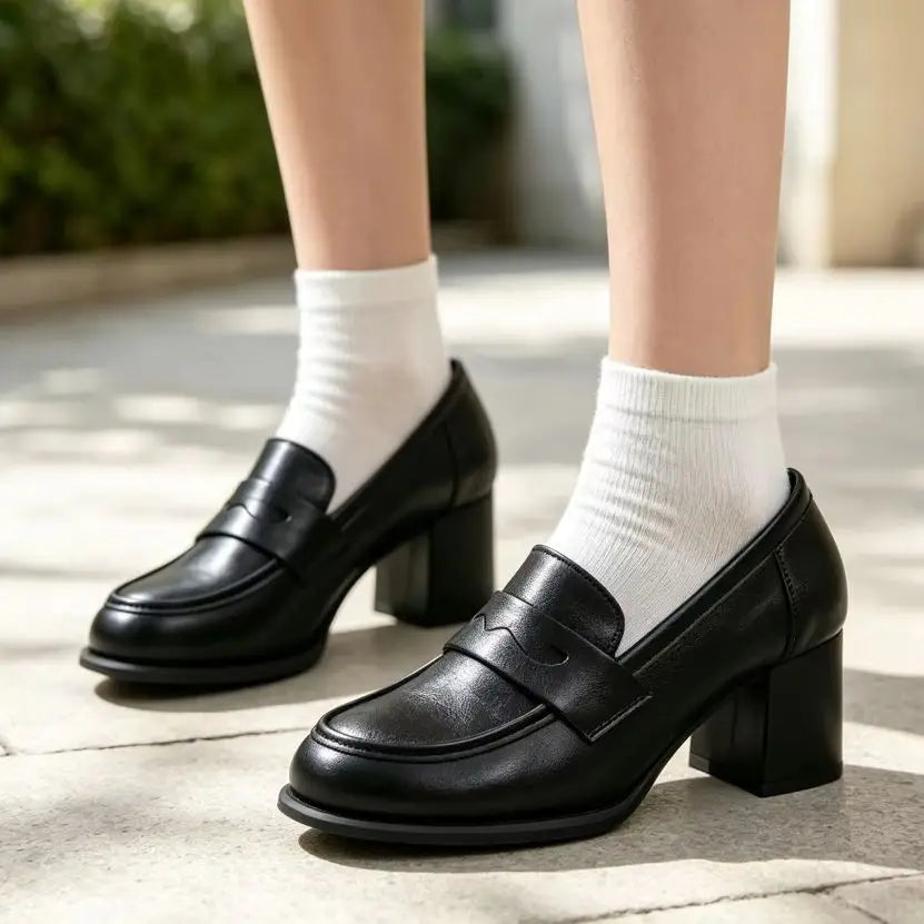 Vintage Women's Penny Loafers Chunky Block Heel Leather Shoes Slip On Round Toe Office Work Shoes Anti Slip Sole Comfort Daily D