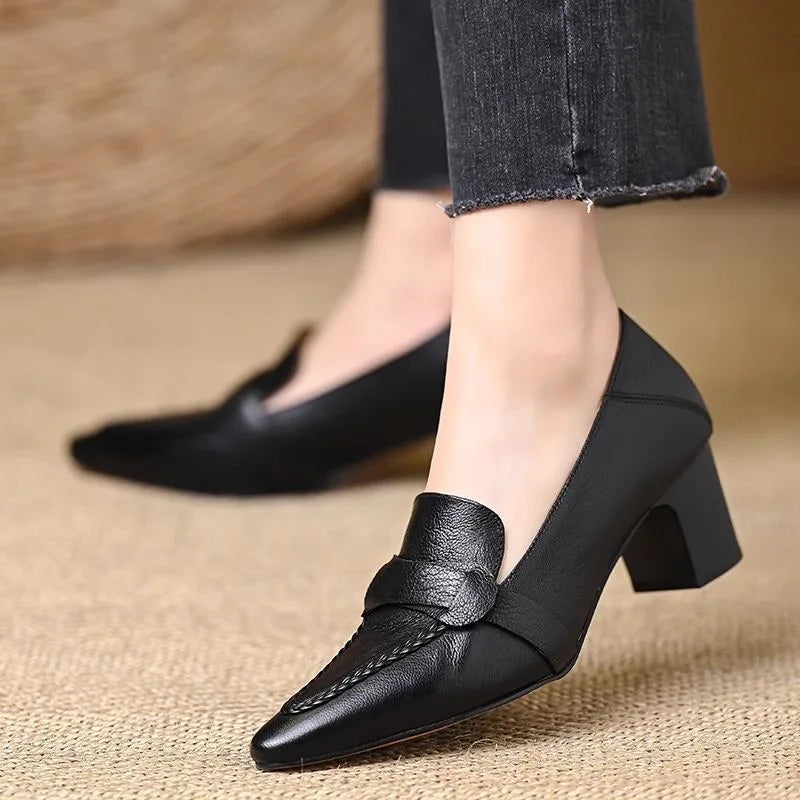 Retro Genuine Leather Pump High-Heeled Moccasins for Women New Style 2026 Pointed Toe Thick Heel Versatile Elegant Women's Shoes