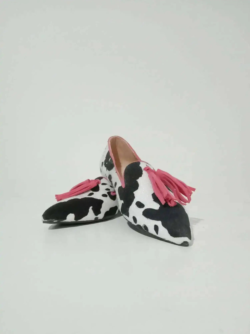 Cow Print Pointed Toe Loafers Women Shoes Tassel Slip‑on Casual Flat Shoes