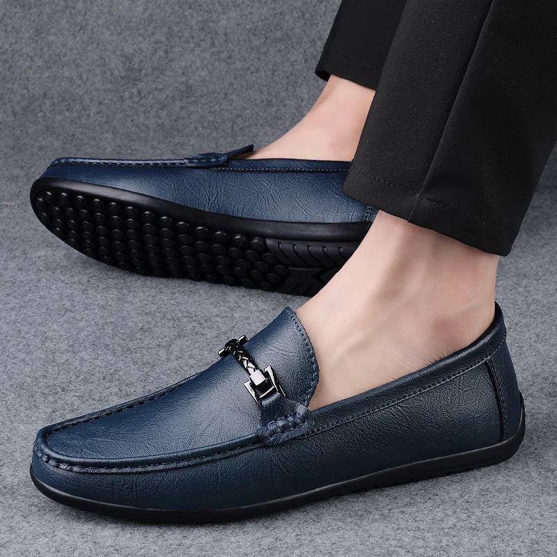 Mocassin Cuir Bleu Homme