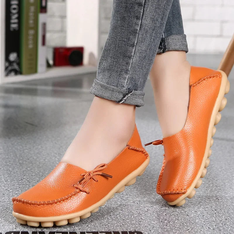 New Moccasins Women Flats 2026 Autumn Woman Loafers Genuine Leather Female Shoes Slip On Ballet Bowtie Women's Shoes Big Size