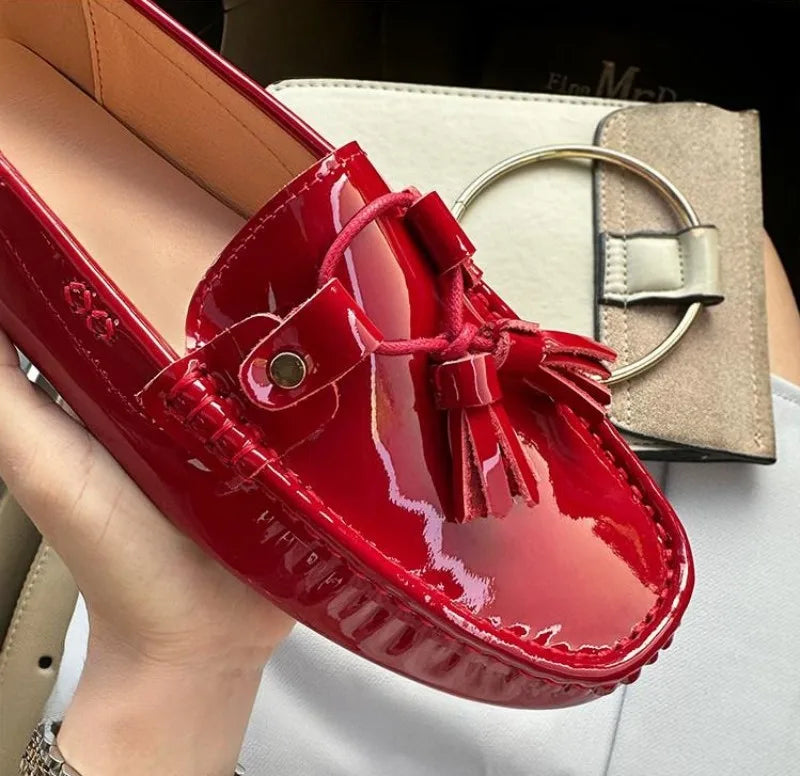 Office Ladies Comfortable Breathable Genuine Leather Flats Breathable Fashion Tassel Spring Summer Women Patent Leather Loafers