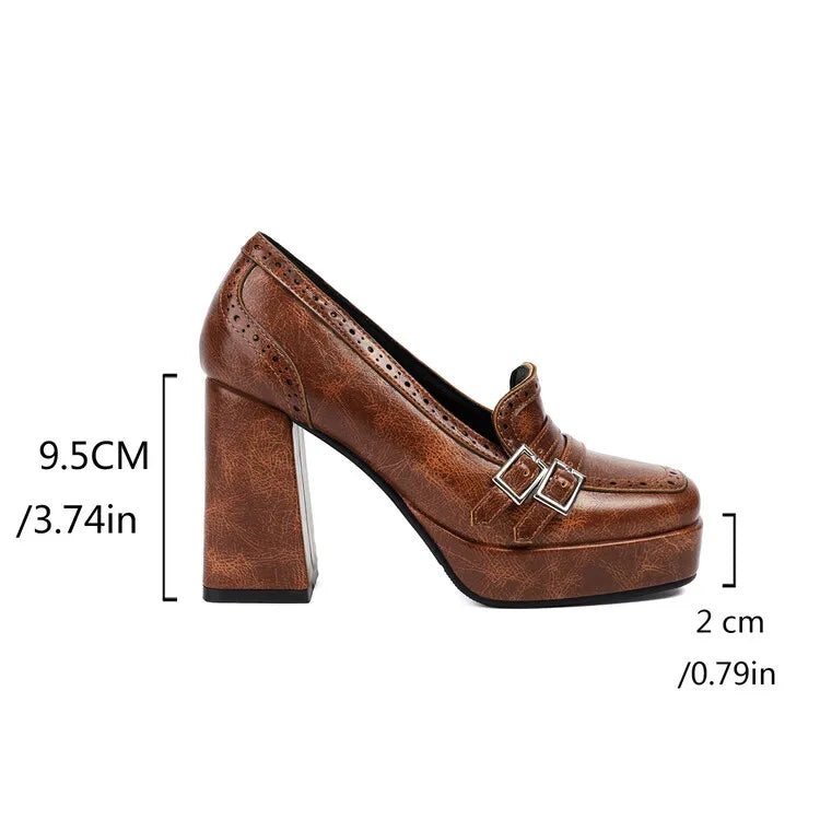 EAGSITY Pumps Brown Women Shoes Loafers Block Heel Platform Slip On Shoes Cosplay Wedding Party Pumps