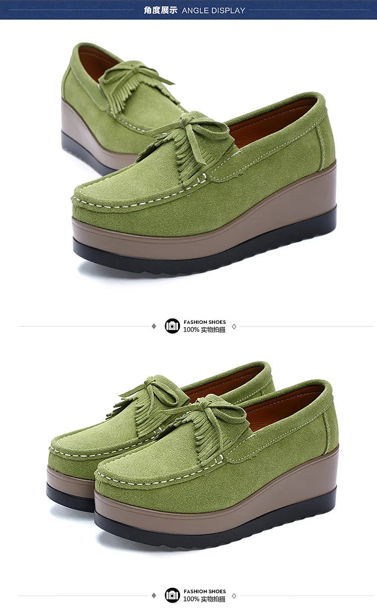 Fashon Green Suede Shoes of Women 2025 Spring Platform Leather Flats Slip on Sneakers Designer Tassel Fringe Loafer Moccasins
