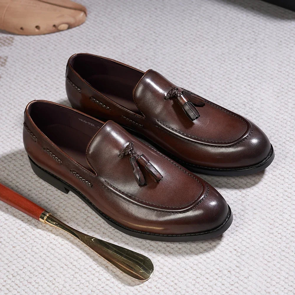Classic Men's Genuine Leather Tassel Loafers Handmade Slip-On Casual Shoes Comfortable for Office Wedding Dressing Daily Wear
