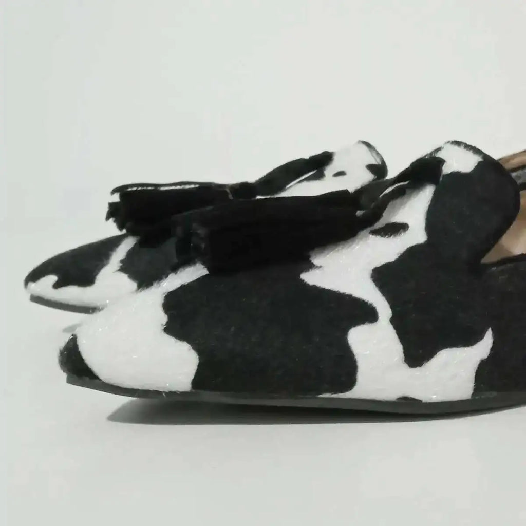 Cow Print Pointed Toe Loafers Women Shoes Tassel Slip‑on Casual Flat Shoes