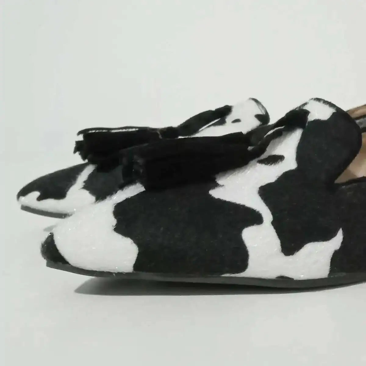 Cow Print Pointed Toe Loafers Women Shoes Tassel Slip‑on Casual Flat Shoes