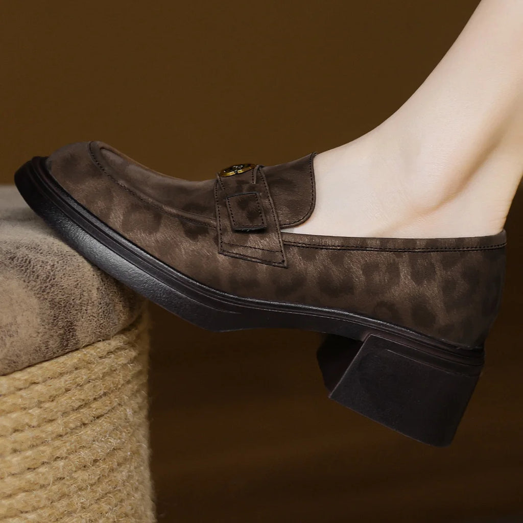 Women's leopard cow leather 5cm chunky heel platform slip-on loafers high quality soft comfortable causal female moccasins shoes