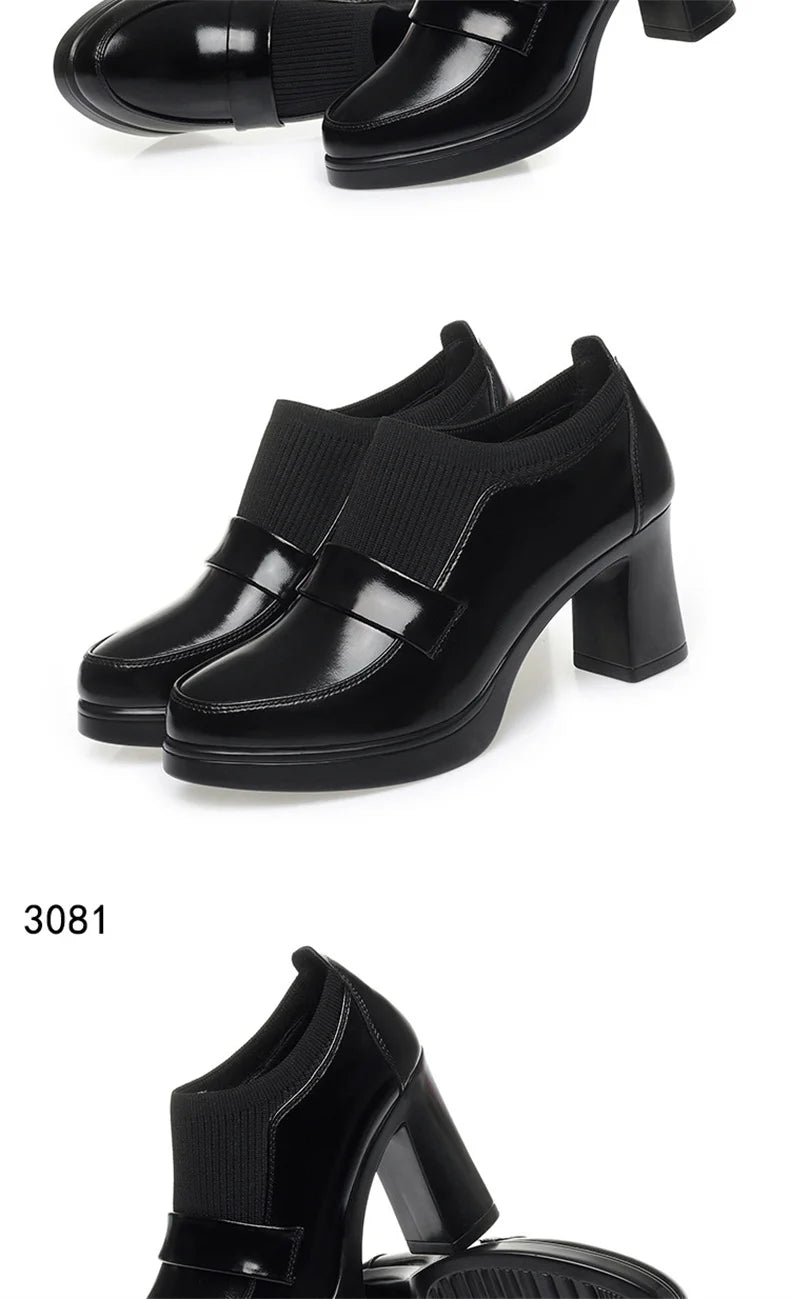 Women's One Pedal Loafer High Heel Soft Leather Shoes 2024 New Thick Bottom British Style Elastic Mouth Chunky Heel Shoes