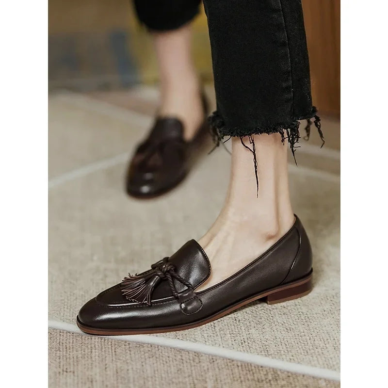 Retro British Style Square Head Women's Loafers Shoes 2022 Summer New Style Tassel Comfortable Single Shoes Women Brown Shoes