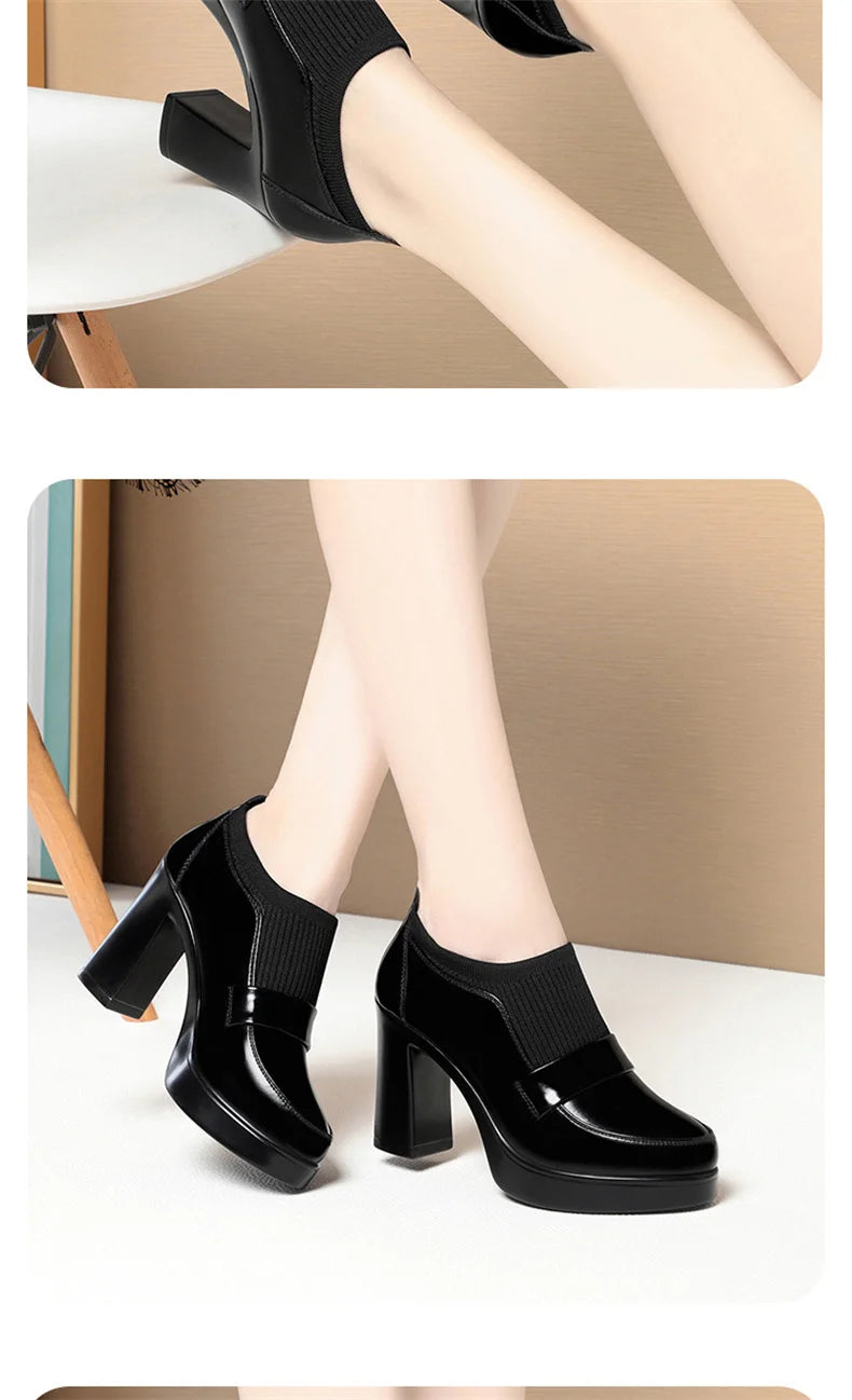 Women's One Pedal Loafer High Heel Soft Leather Shoes 2024 New Thick Bottom British Style Elastic Mouth Chunky Heel Shoes