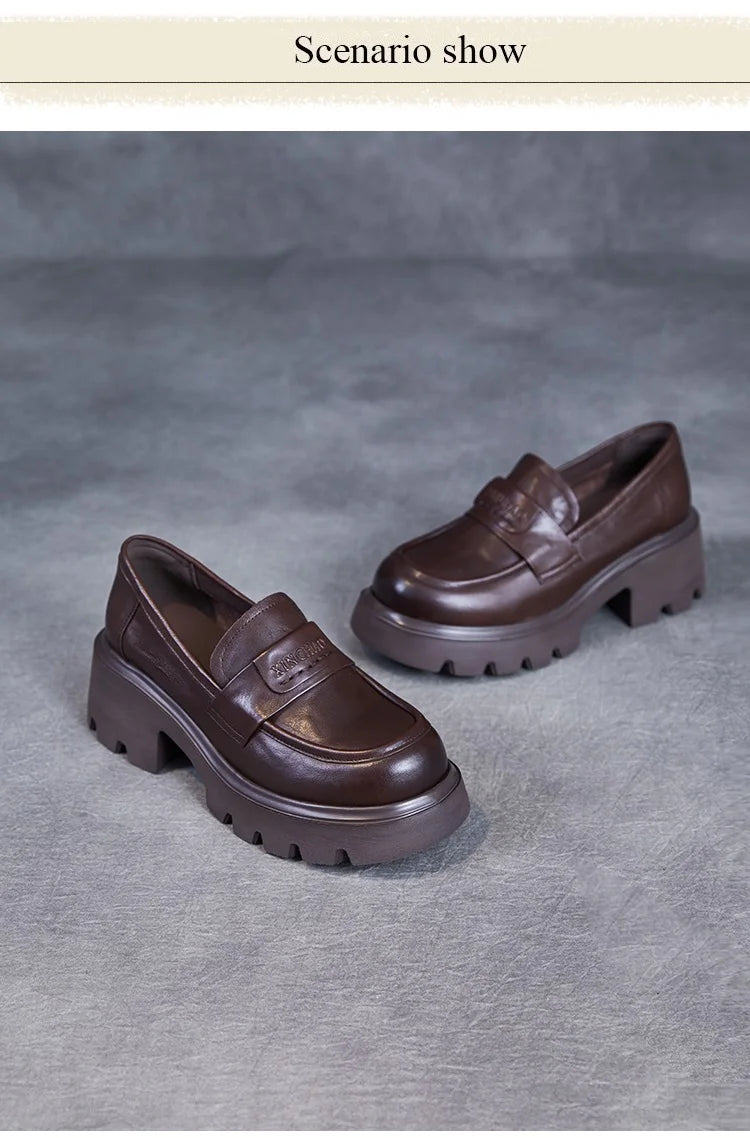 DRKANOL 2026 Spring Women Shoes Thick Heel Slip On Loafers Handmade Retro Chunky Platform Round Toe Pumps Ladies High Heel Shoes