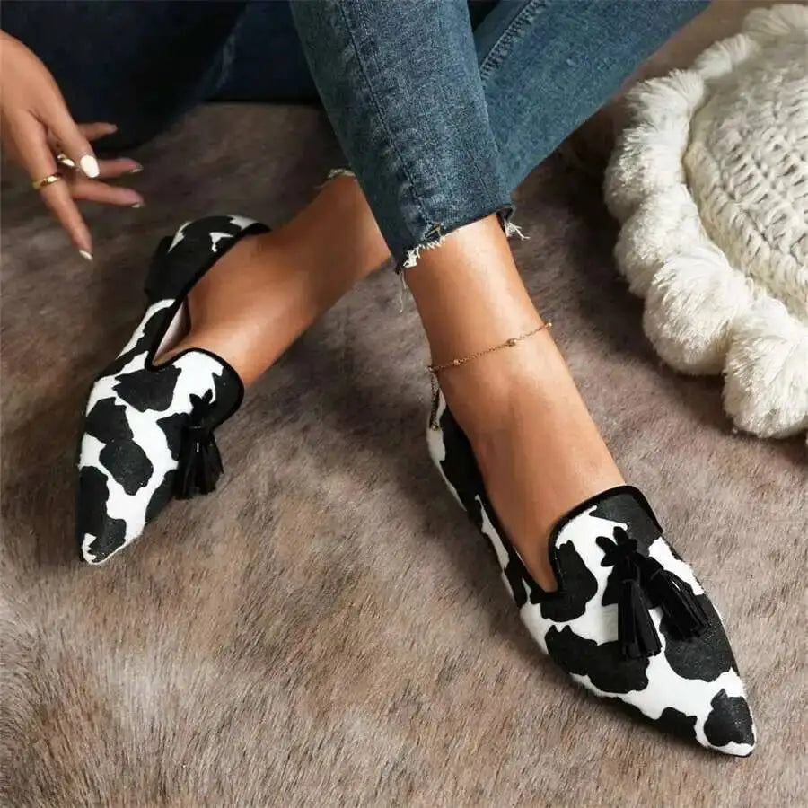 Cow Print Pointed Toe Loafers Women Shoes Tassel Slip‑on Casual Flat Shoes