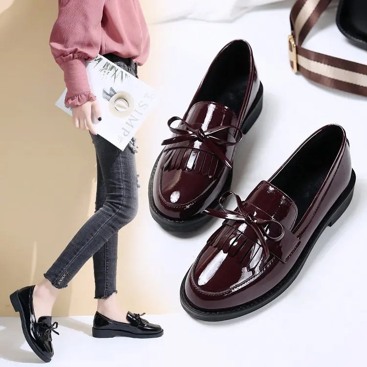 Womens Shoes Patent Leather Women Loafers British Tassel Casual Female Flat Shoes Bowknot Small Leather Shoe Comfortable Zapatos