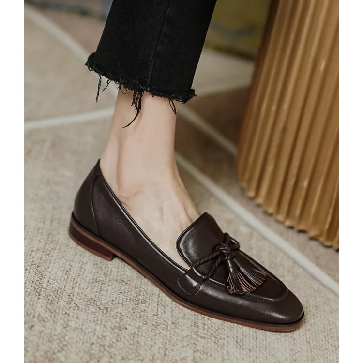 Retro British Style Square Head Women's Loafers Shoes 2022 Summer New Style Tassel Comfortable Single Shoes Women Brown Shoes